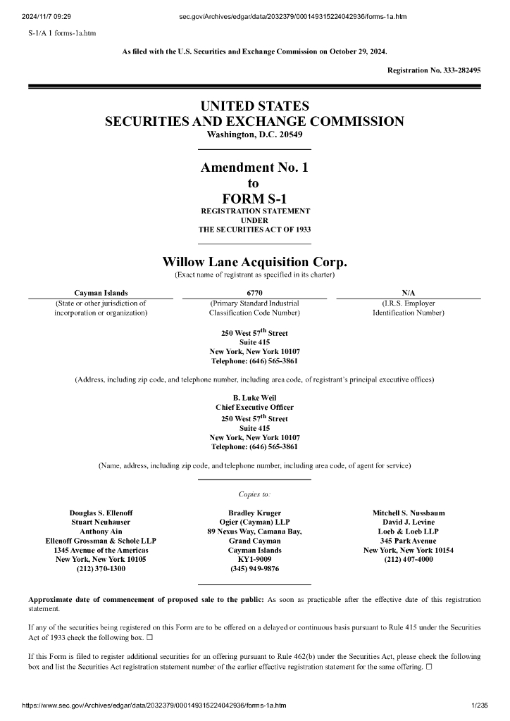 Willow Lane Acquisition Corp.美股纳斯达克IPO上市招股说明书