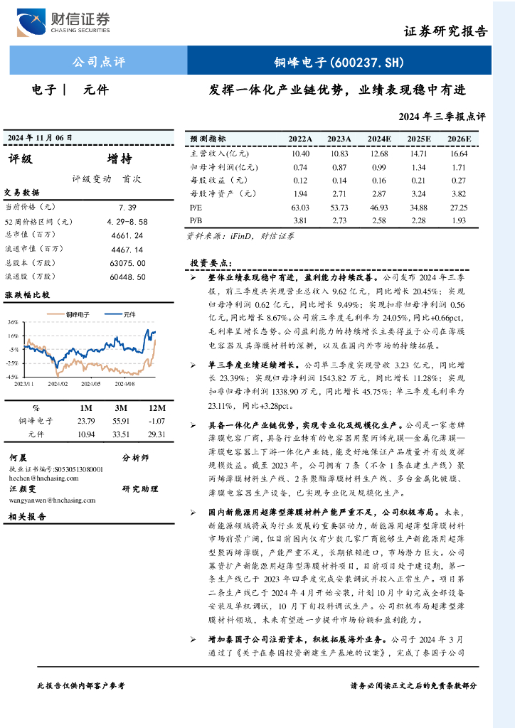 财信证券：铜峰电子（600237）-发挥一体化产业链优势，业绩表现稳中有进