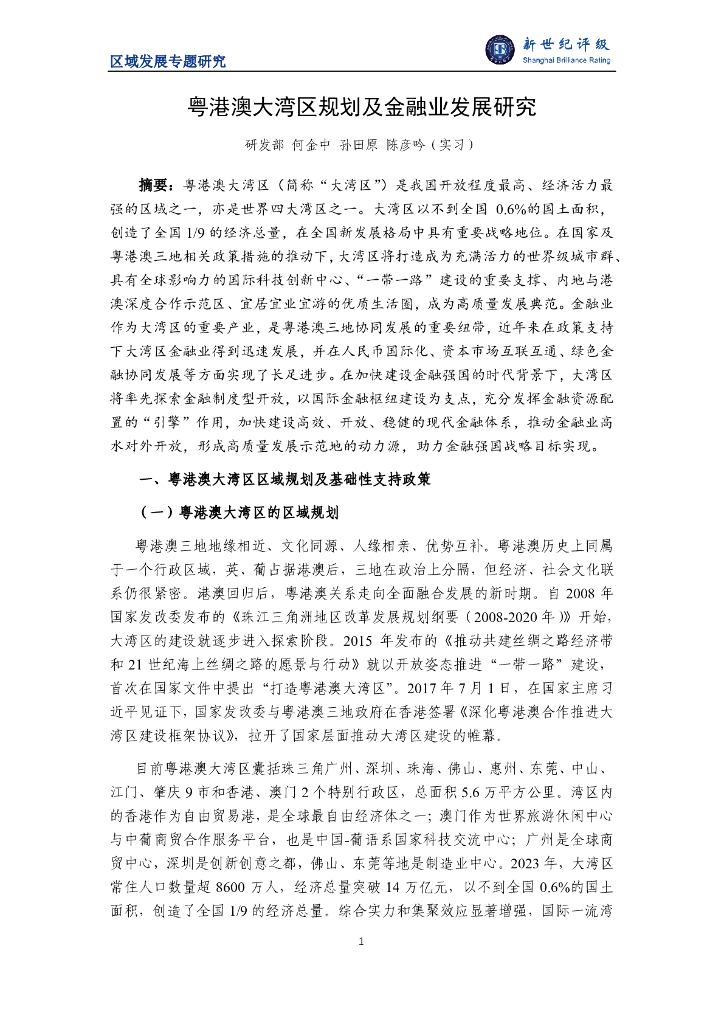 新世纪评级：2024年粤港澳大湾区规划及金融业发展研究报告