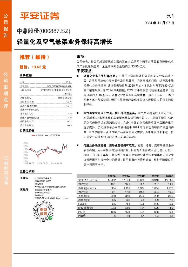平安证券：中鼎股份（000887）-轻量化及空气悬架业务保持高增长