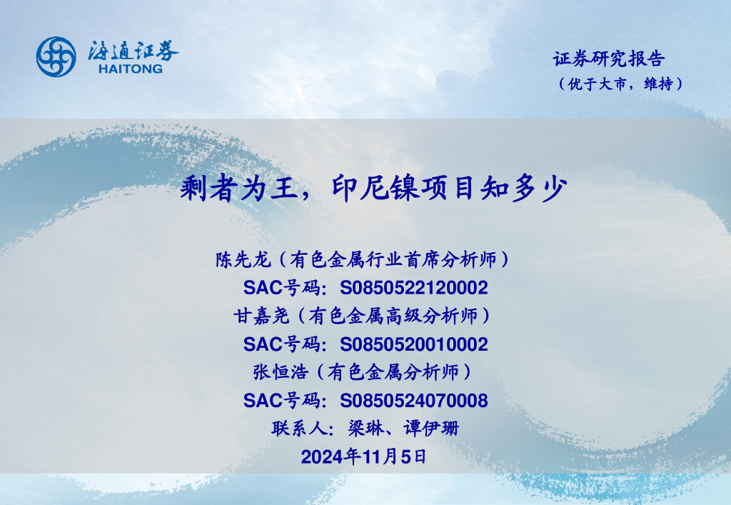 海通证券：有色金属行业：剩者为王，印尼镍项目知多少