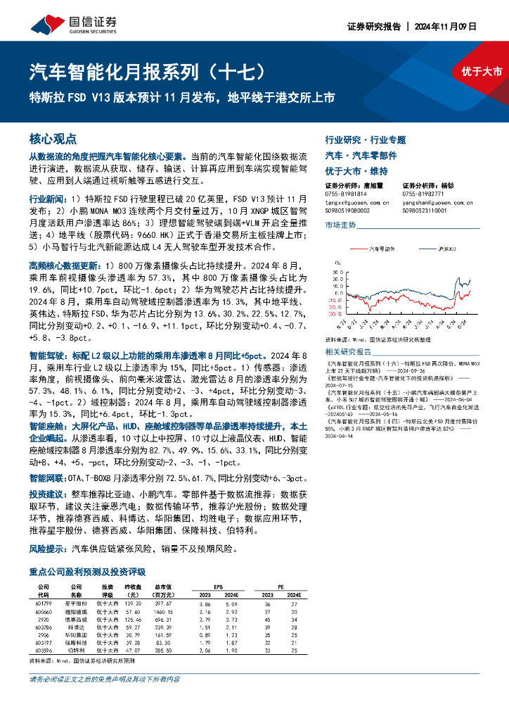 国信证券：汽车智能化月报系列（十七）：特斯拉FSDV13版本预计11月发布，地平线于港交所上市