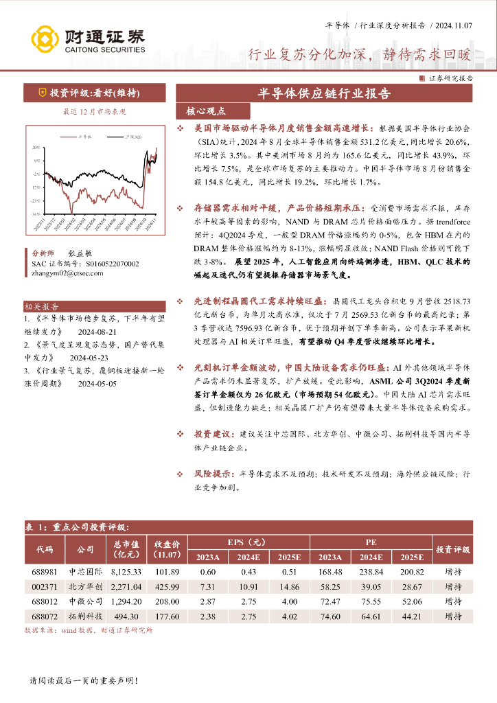 财通证券：半导体<em>供应链</em>行业报告：行业复苏分化加深，静待需求回暖 海报