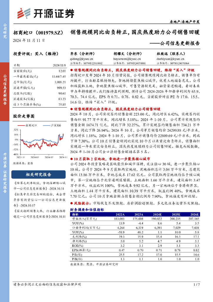 开源证券：招商蛇口（001979）-公司信息更新报告：销售规模同比由负转正，国庆热度助力公司销售回暖