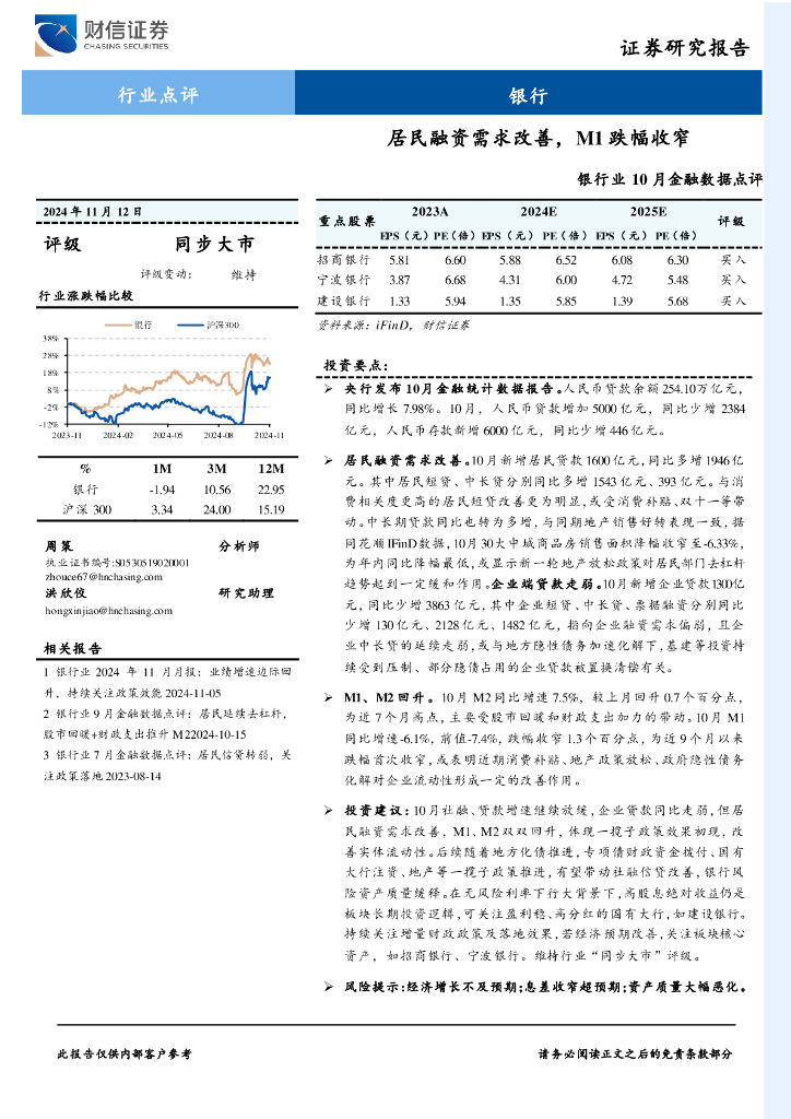财信证券：银行业10月金融数据点评：居民融资需求改善，M1跌幅收窄