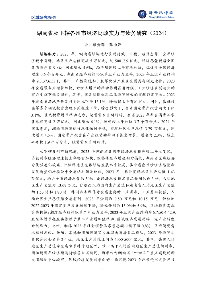 新世纪评级：湖南省及下辖各州市经济财政实力与债务研究（2024）