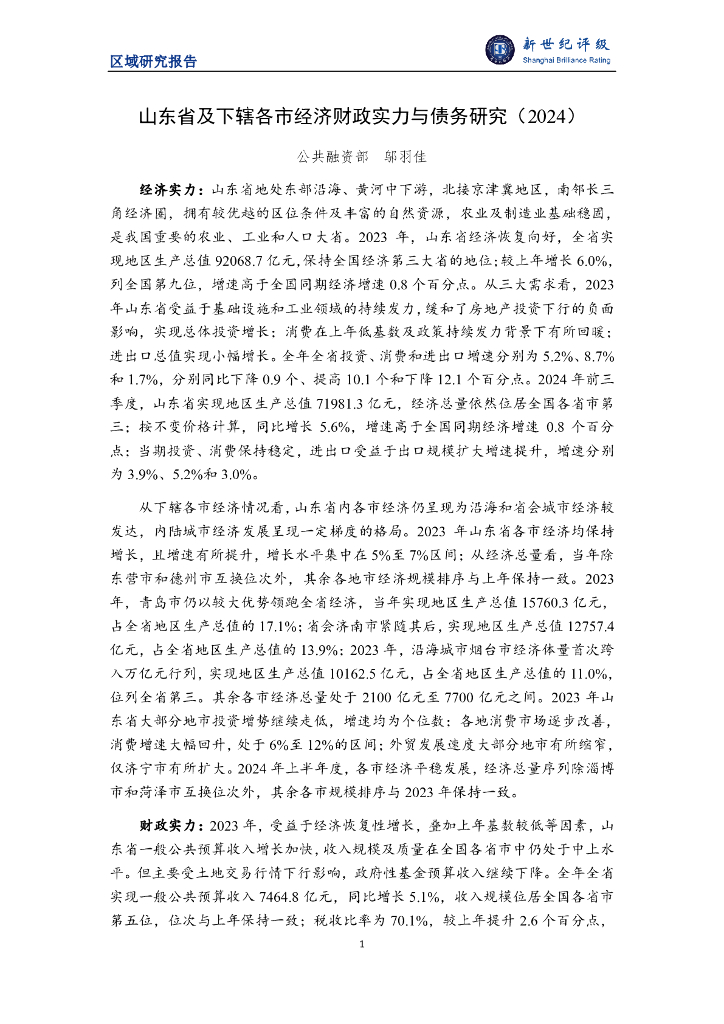 新世纪评级：山东省及下辖各市经济财政实力与债务研究（2024）