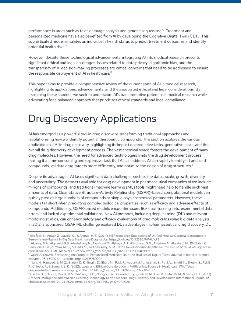 云安全联盟（CSA）：2024年人工智能在医学研究中的应用与考量研究报告（英文版）_第7页