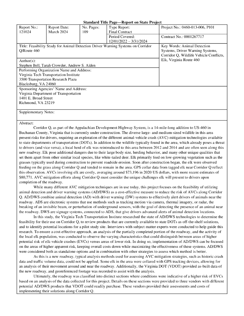VTTI：2024年Q走廊/460号公路动物检测驾驶员警告系统的可行性研究报告（英文版）
