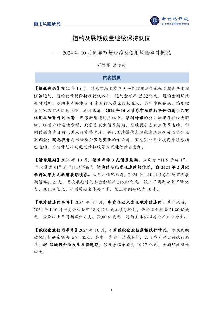 新世纪评级：违约及展期数量继续保持低位——2024年10月债券市场违约及信用风险事件概况