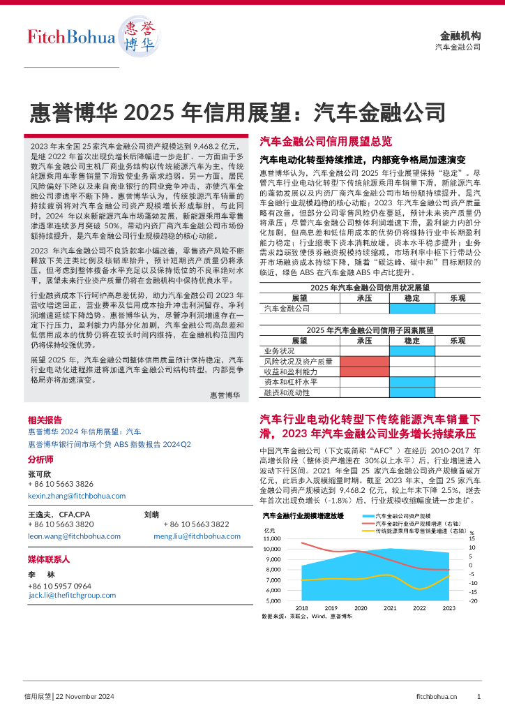 惠誉博华：2025年信用展望报告：汽车金融公司