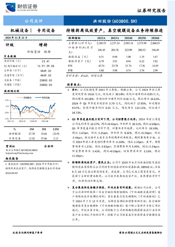 财信证券：洪田股份（603800）-公司点评：持续剥离低效资产，真空镀膜设备业务持续推进