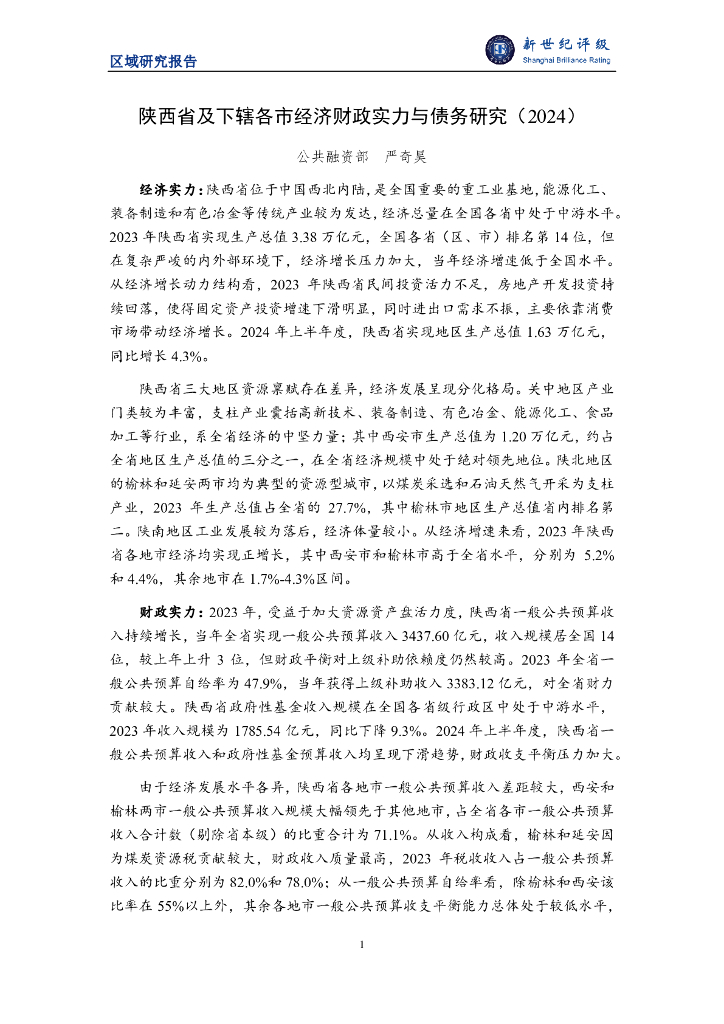 新世纪评级：陕西省及下辖各市经济财政实力与债务研究（2024）