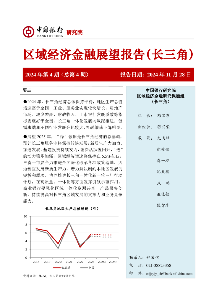 中国银行研究院：区域经济金融展望报告（长三角）2024年第4期 ：以稳促进 更好发挥长三角对全国经济的引领示范作用