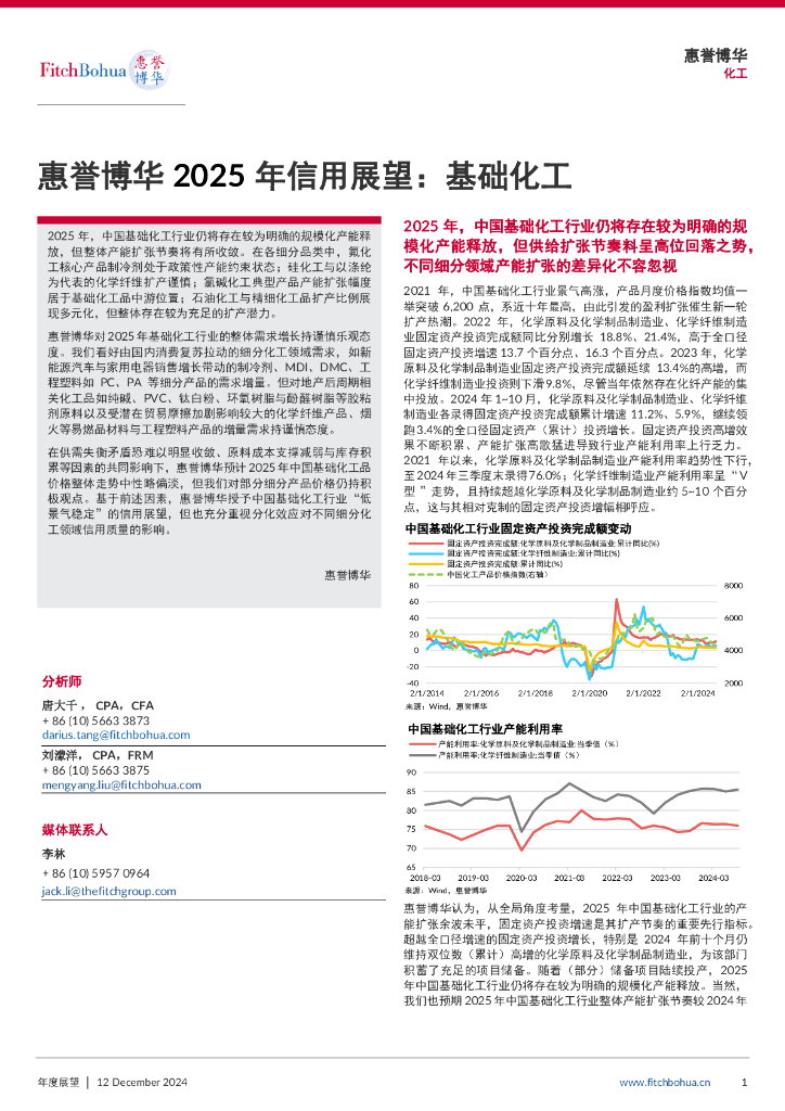 惠誉博华：2025年信用展望报告：基础化工