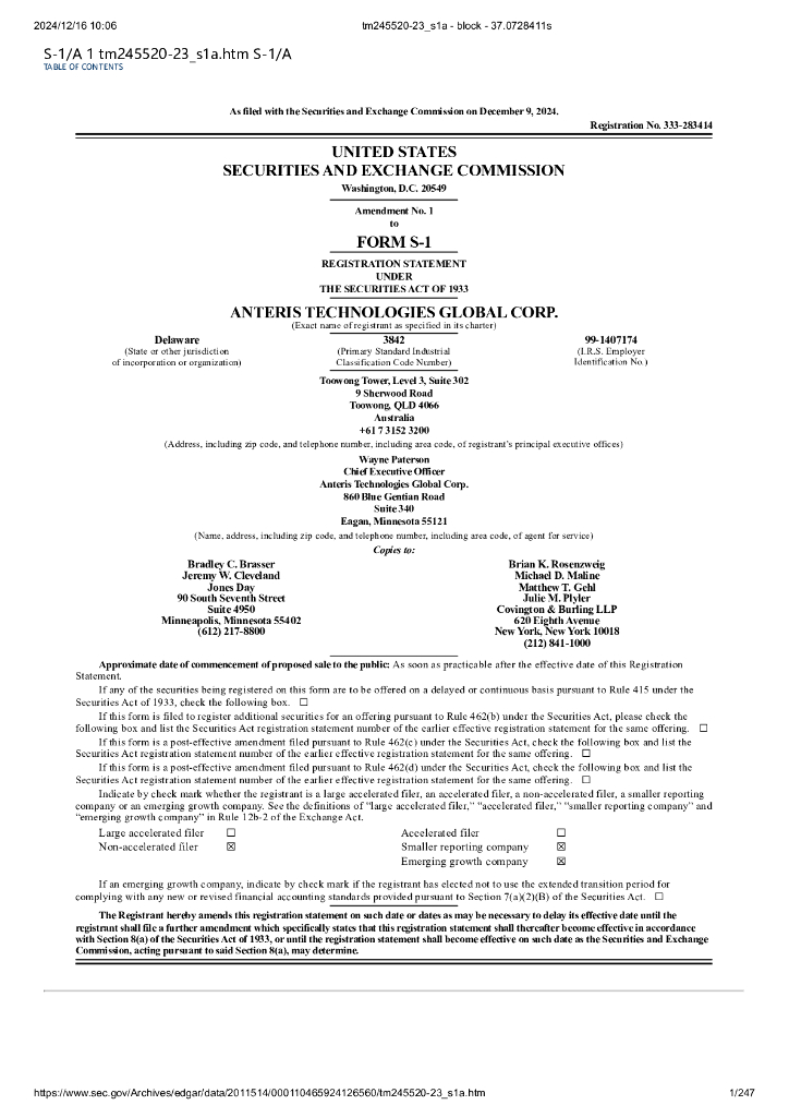 Anteris Technologies Global Corp.美股纳斯达克IPO上市招股说明书