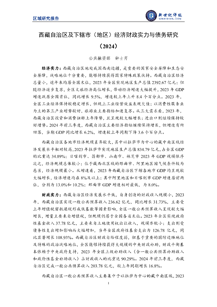 新世纪评级：西藏自治区及下辖市（地区）经济财政实力与债务研究（2024）