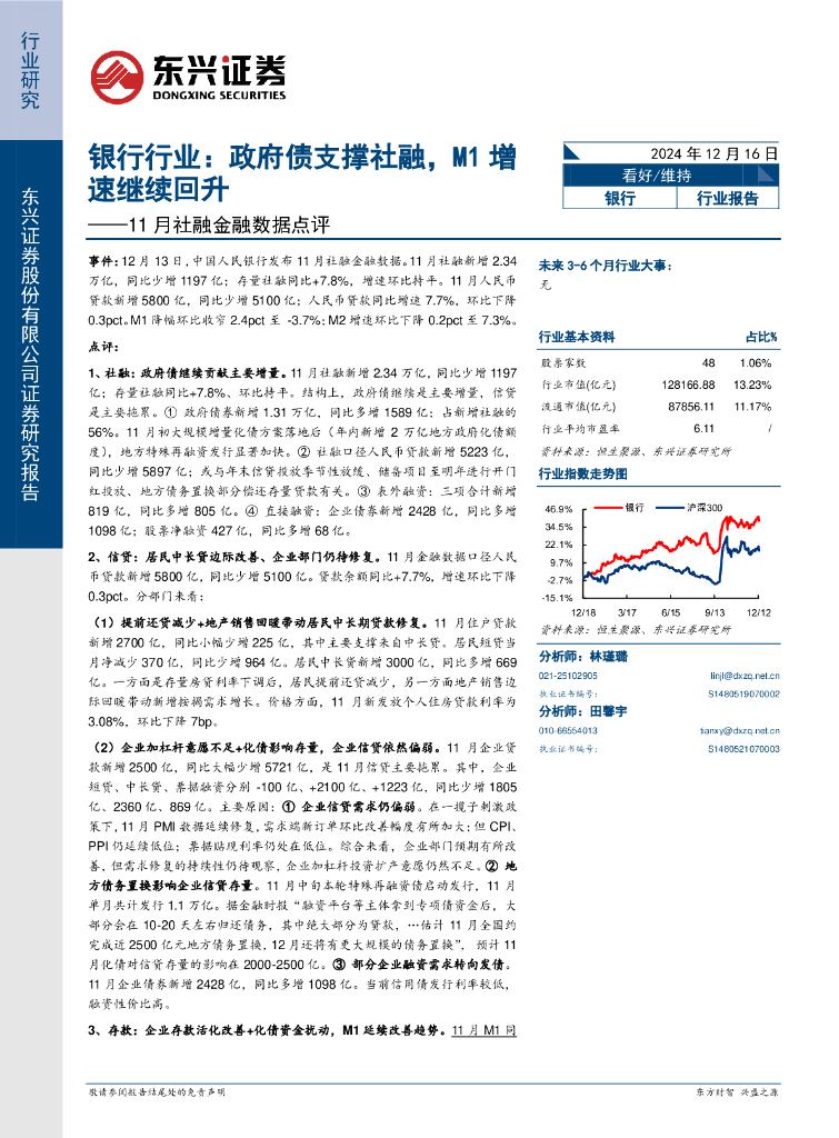 东兴证券：11月社融金融数据点评：银行行业：政府债支撑社融，M1增速继续回升