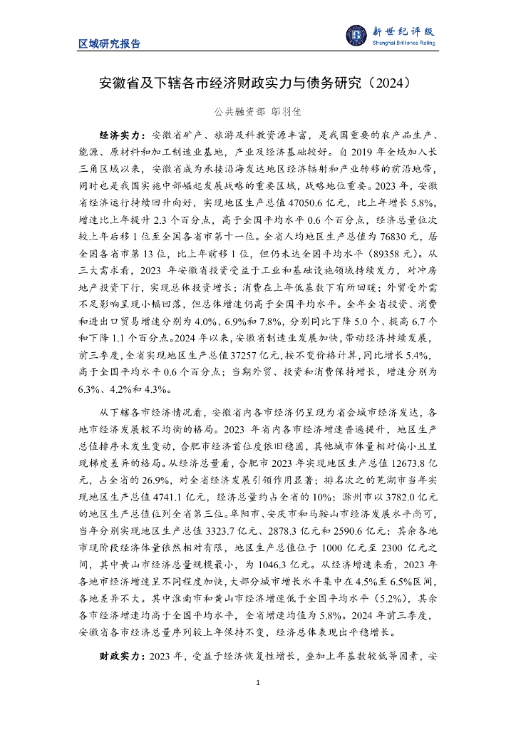 新世纪评级：安徽省及下辖各市经济财政实力与债务研究（2024）