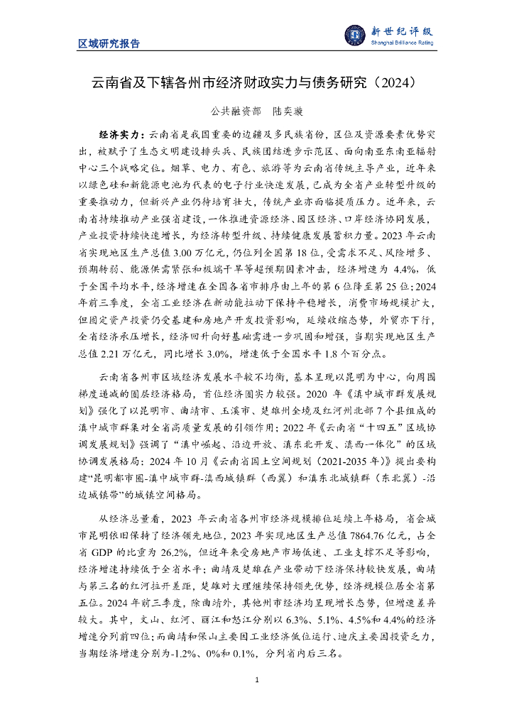 新世纪评级：云南省及下辖各州市经济财政实力与债务研究（2024）
