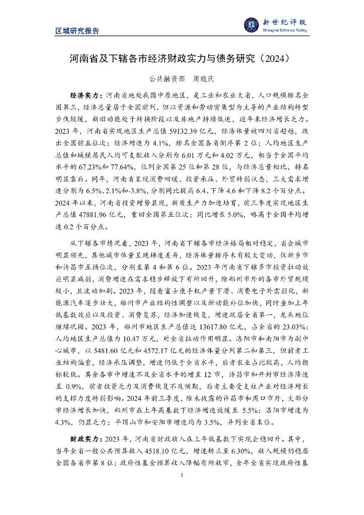 新世纪评级：河南省及下辖各市经济财政实力与债务研究（2024）