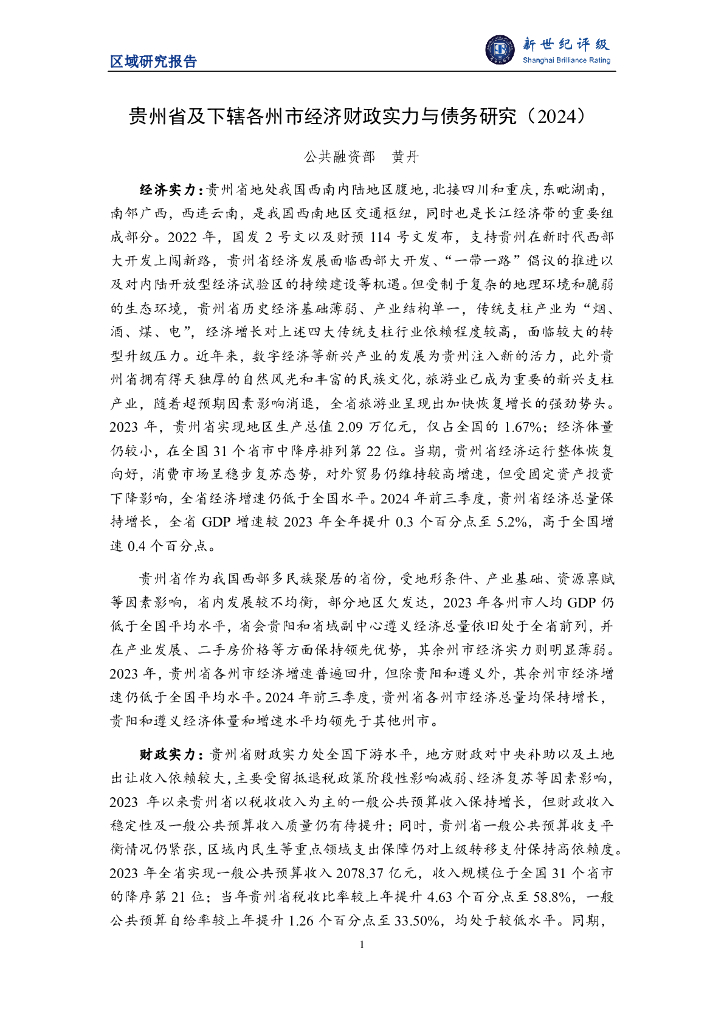新世纪评级：贵州省及下辖各州市经济财政实力与债务研究（2024）