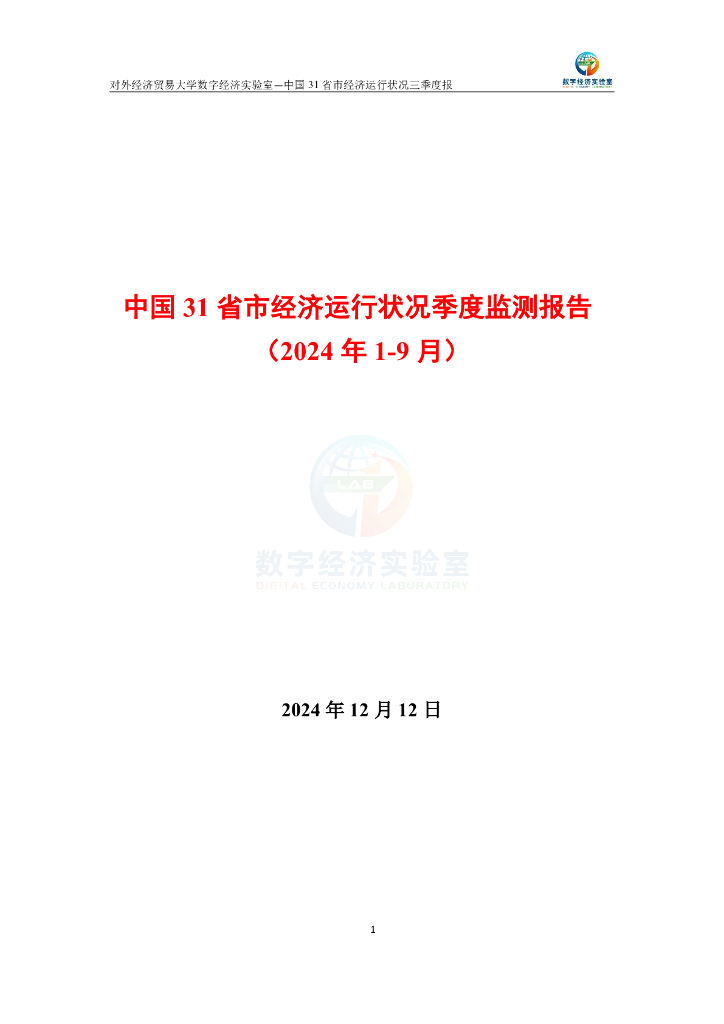 对外经济贸易大学：中国31省市经济运行状况季度监测报告（2024年1-9月）