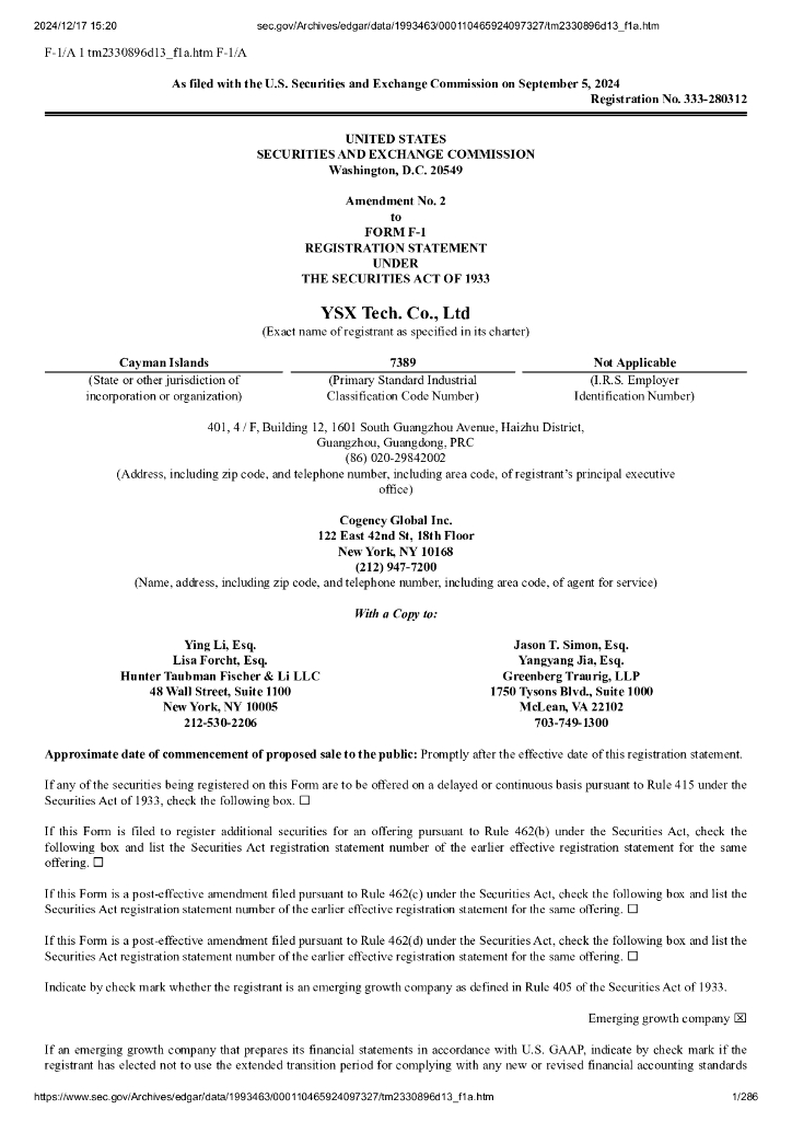 YSX Tech.Co.,Ltd美股纳斯达克IPO上市招股说明书
