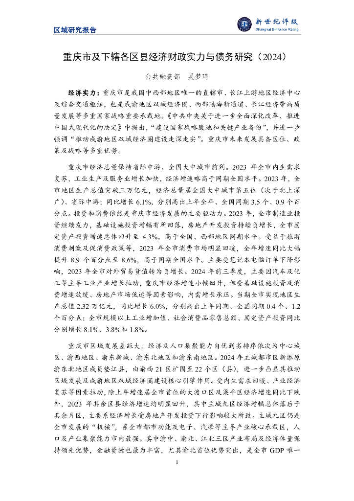 新世纪评级：重庆市及下辖各区县经济财政实力与债务研究（2024）