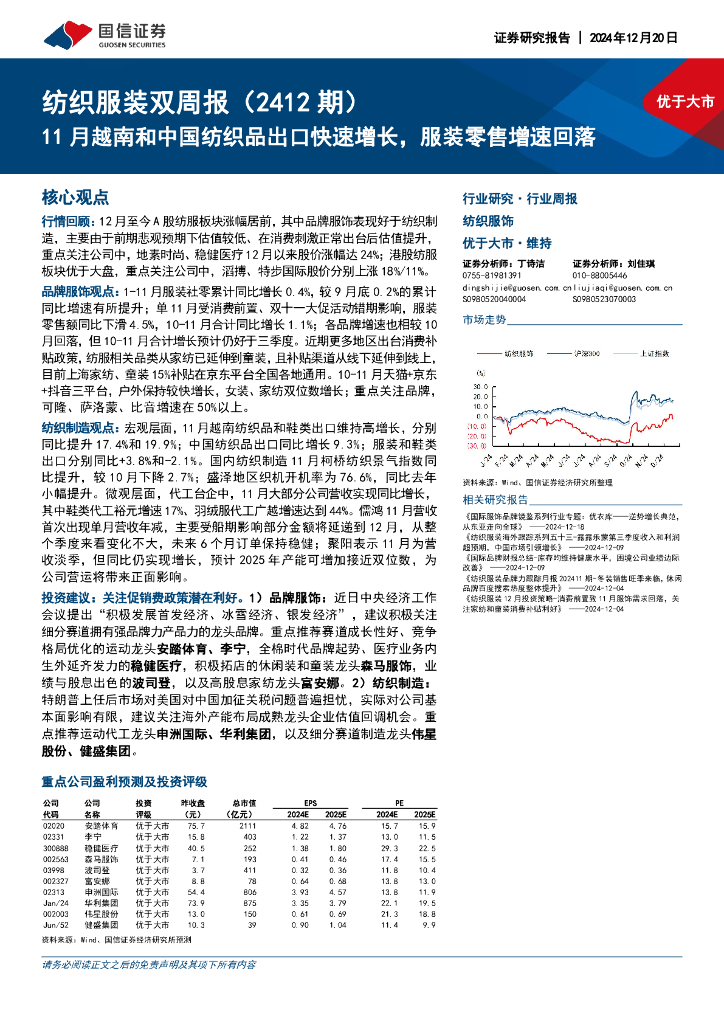 国信证券：纺织服装行业双周报（2412期）：11月越南和中国纺织品出口快速增长，服装零售增速回落