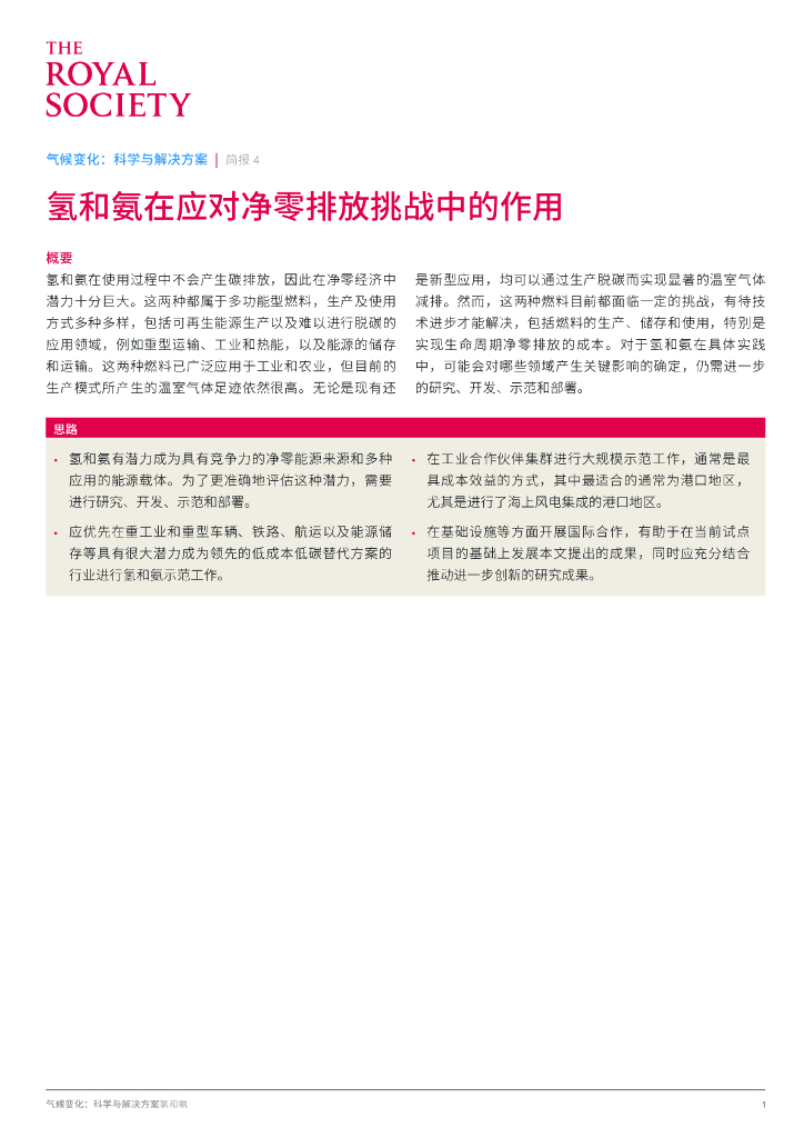 THE ROYAL SOCIETY：2024年氢和氨在应对净零排放挑战中的作用报告