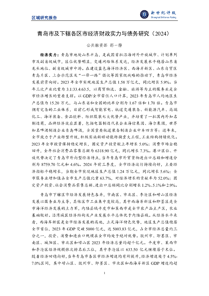 新世纪评级：青岛市及下辖各区市经济财政实力与债务研究（2024）