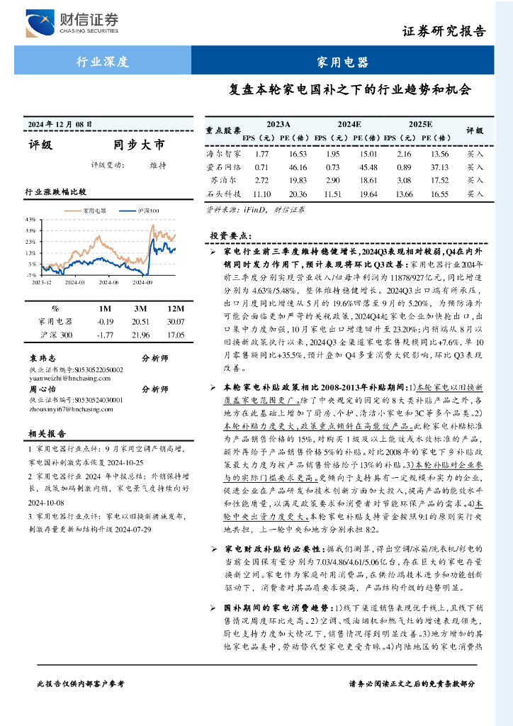 财信证券：家用电器行业深度：复盘本轮家电国补之下的行业趋势和机会
