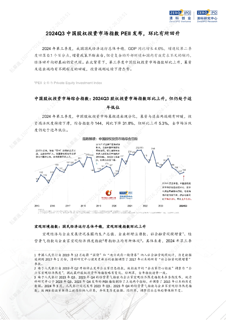 清科研究中心：2024年Q3中国股权投资市场指数PEII发布，环比有所回升
