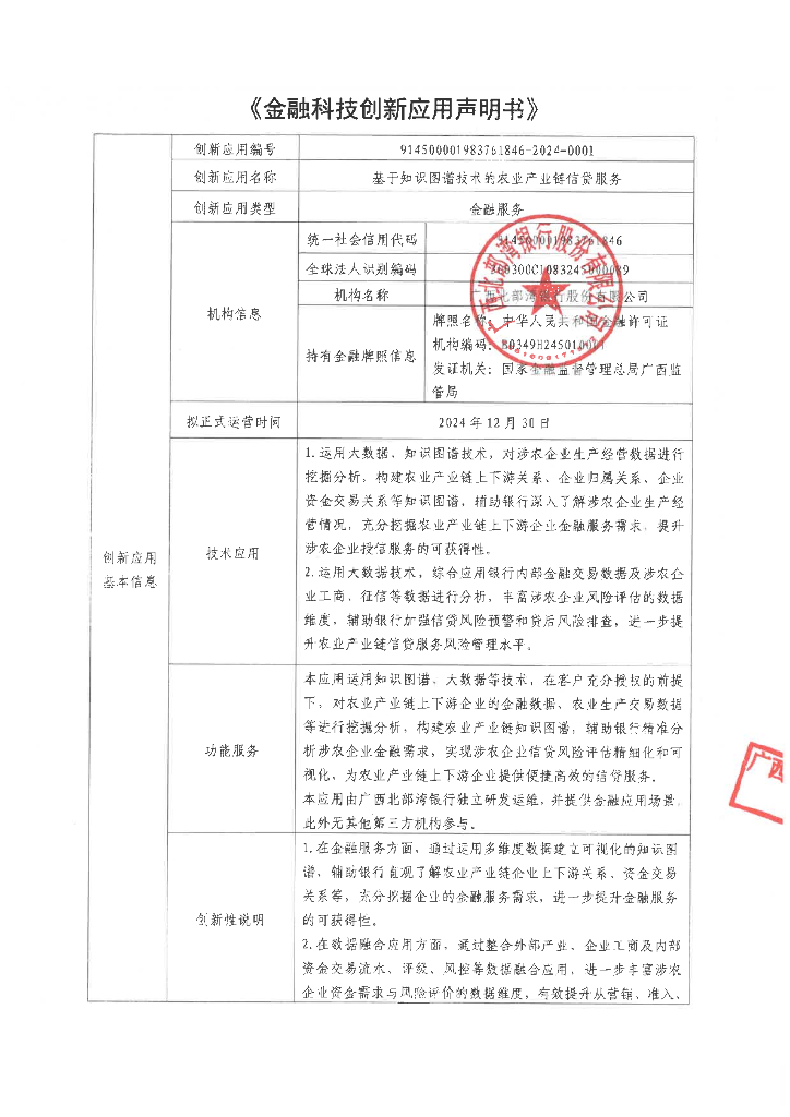 金融科技创新应用声明书：基于知识图谱技术的农业产业链信贷服务