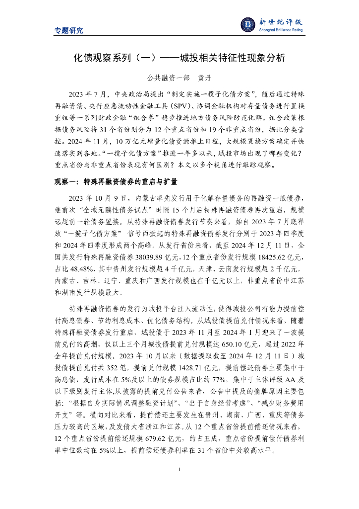 新世纪评级：2024年化债观察系列（一）——城投相关特征性现象分析
