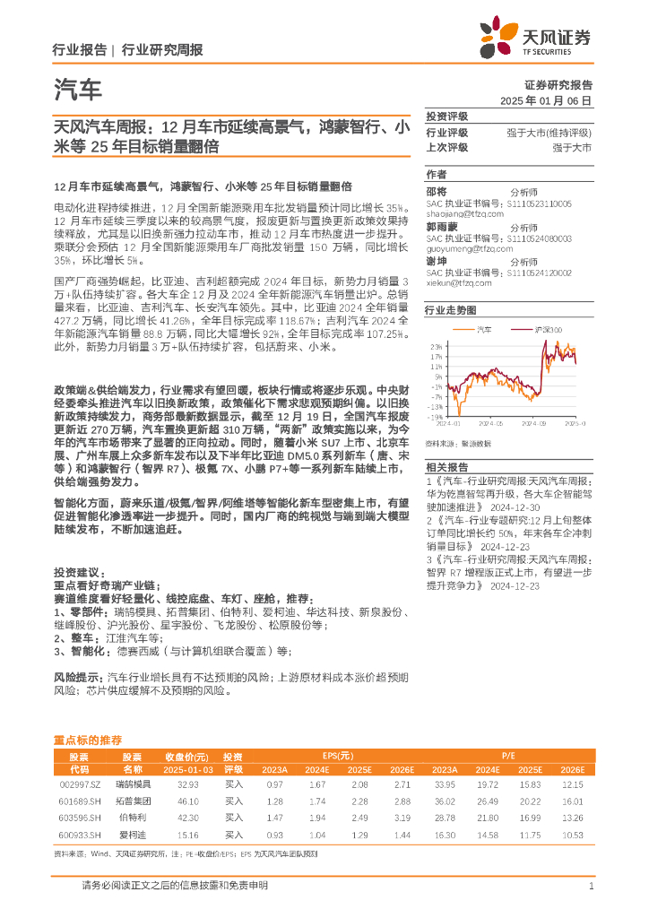 天风证券：汽车行业周报：12月车市延续高景气，鸿蒙智行、小米等25年目标销量翻倍