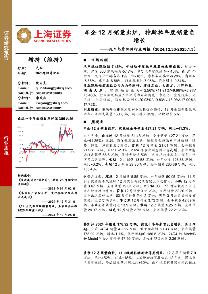 上海证券：汽车与零部件行业周报：车企12月销量出炉，特斯拉年度销量负增长