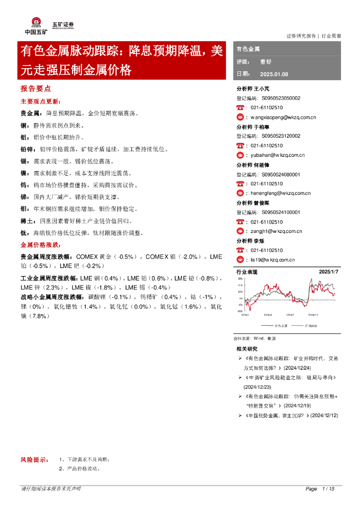 五矿证券：有色金属脉动跟踪：降息预期降温，美元走强压制金属价格