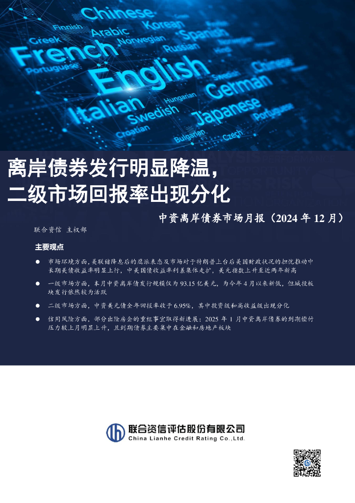 联合资信：离岸债券发行明显回落，二级市场回报率出现分化——中资离岸债券市场月报（2024年12月）