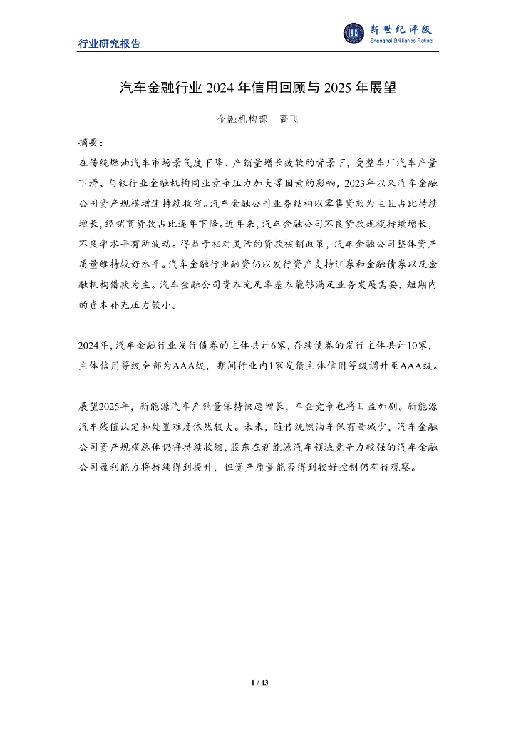 新世纪评级：汽车金融行业2024年信用回顾与2025年展望报告