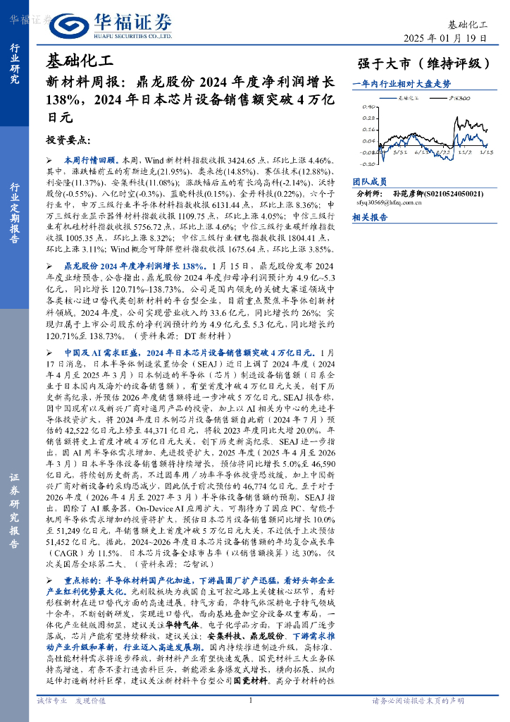 华福证券：基础化工行业新材料周报：鼎龙股份2024年度净利润增长138%，2024年日本芯片设备销售额突破4万亿日元 海报