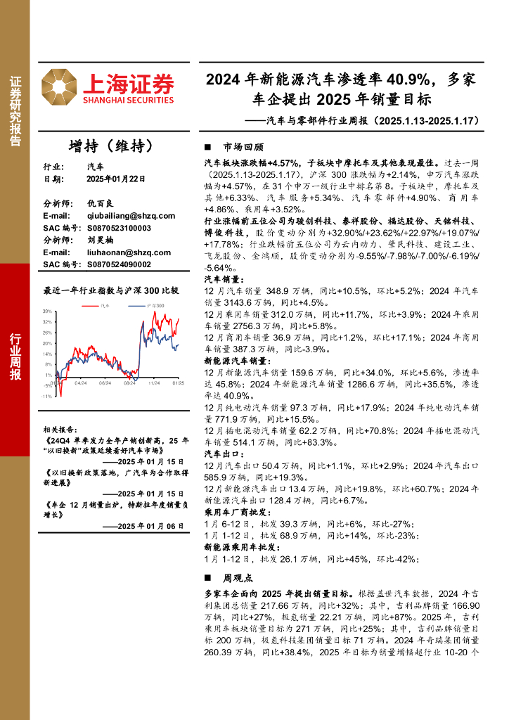 上海证券：汽车与零部件行业周报：2024年新能源汽车渗透率40.9%，多家车企提出2025年销量目标