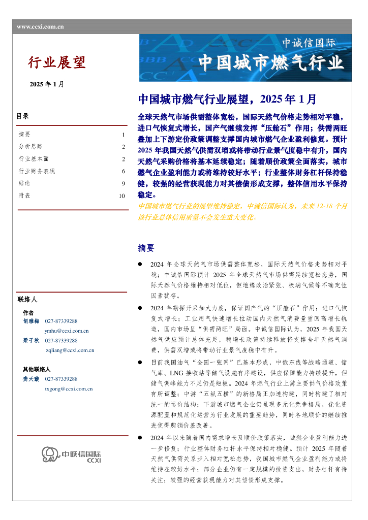 中诚信国际：中国城市燃气行业展望，2025年1月
