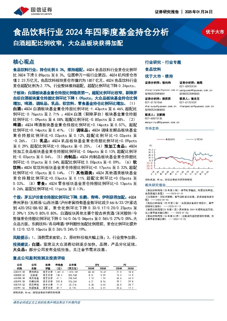 国信证券：食品饮料行业2024年四季度基金持仓分析：白酒超配比例收窄，大众品板块获得加配