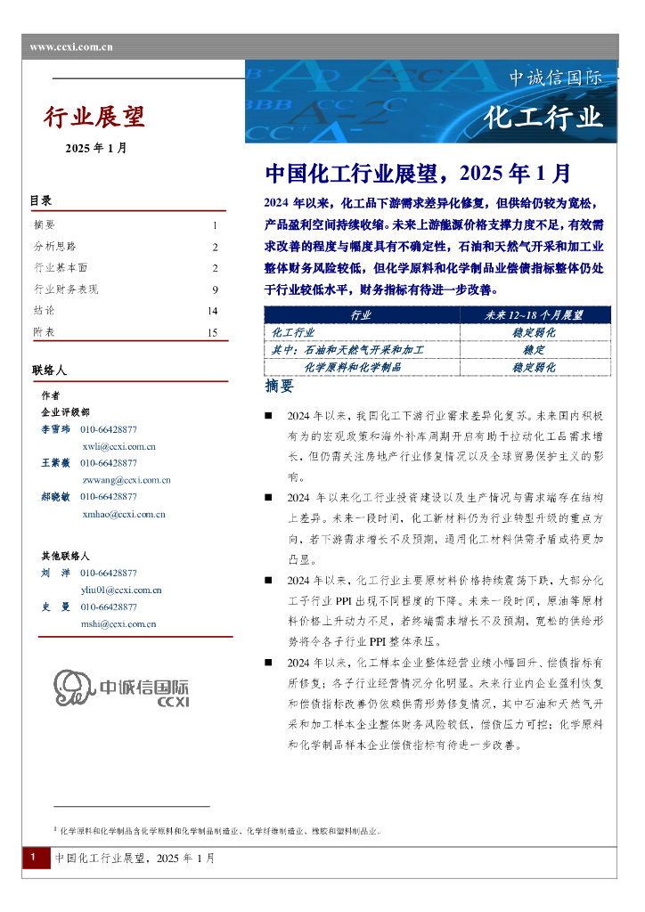 中诚信国际：中国化工行业展望，2025年1月