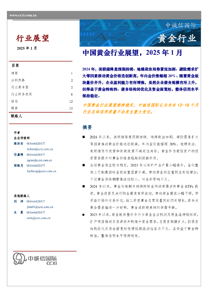 中诚信国际：中国黄金行业展望，2025年1月