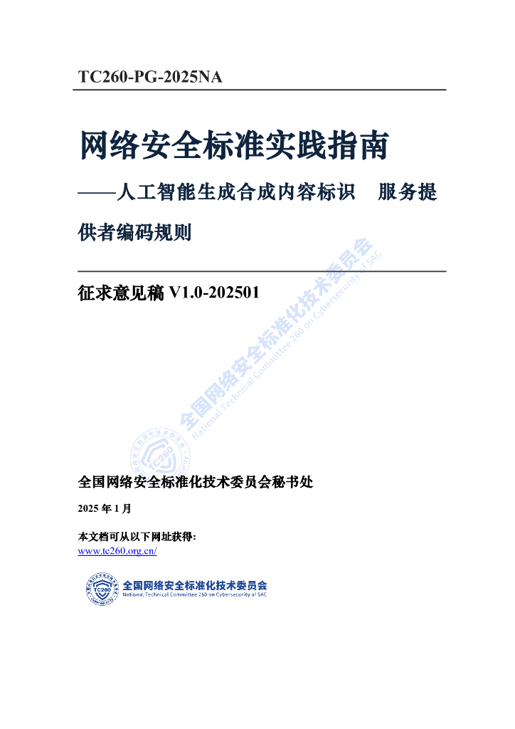 TC260-PG-2025NA 网络安全标准实践指南——人工智能生成合成内容标识 服务提供者编码规则（征求意见稿）