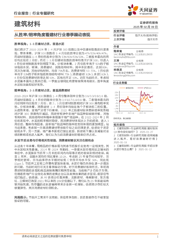 天风证券：建筑材料行业专题研究：从胜率/赔率角度看建材行业春季躁动表现