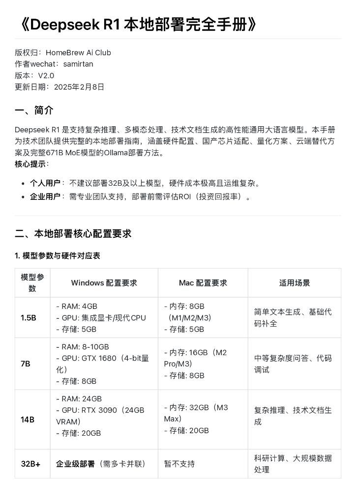 HomeBrew Ai Club：2025年Deepseek R1 本地部署完全手册
